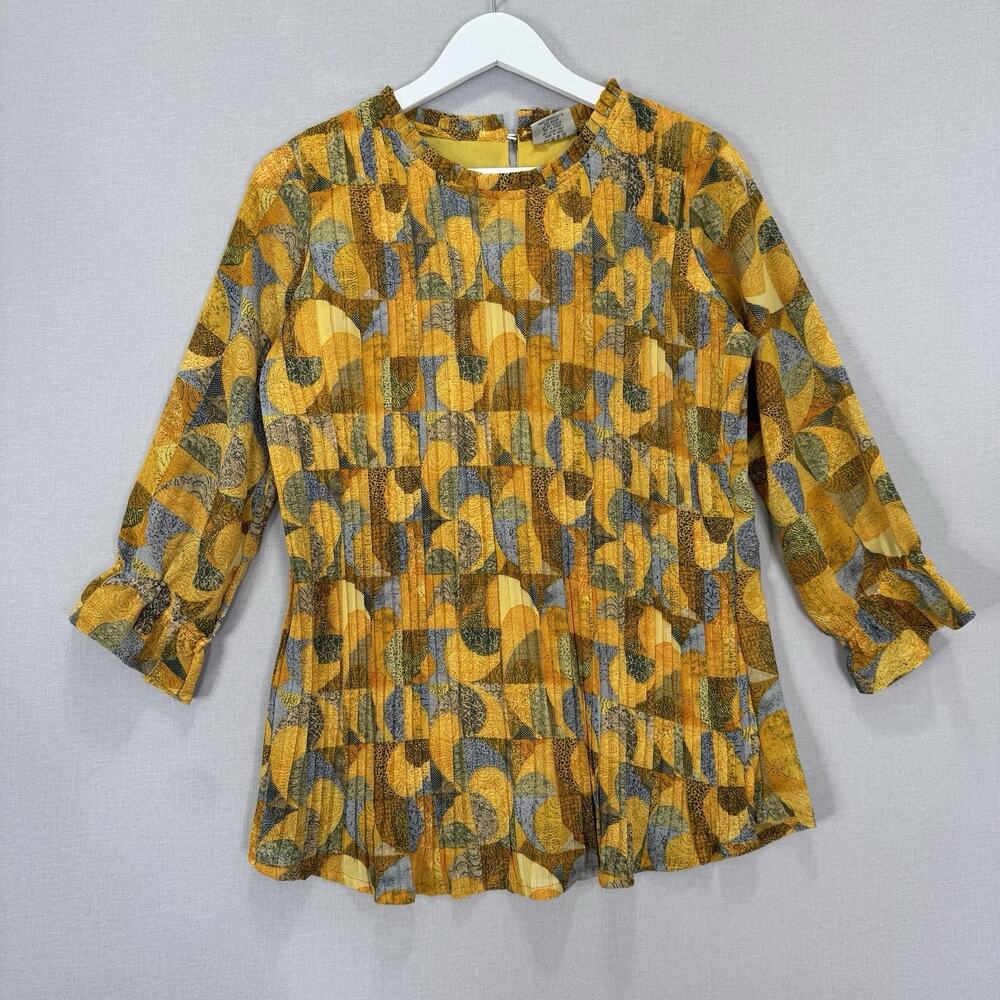 La Fille Blouse Womens XL Yellow Pleated Abstract Smock Boho Top Mid Century Mod
